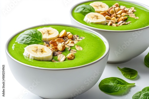 a 2D cartoon illustration of a smoothie bowl with bananas and nuts healthy and refreshing white background photo