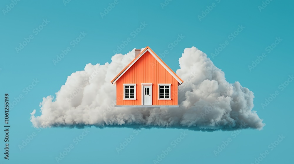 A small orange house sits on a fluffy white cloud against a blue sky. A small orange house sits on a fluffy white cloud against a blue sky.
