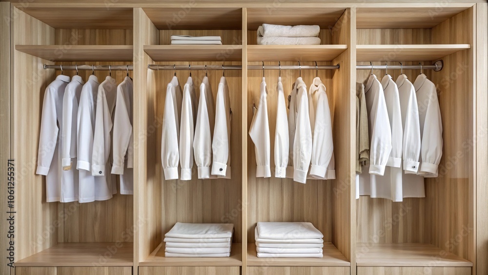 Organized white clothes in wooden wardrobe from high angle view Organized white clothes in wooden wardrobe from high angle view