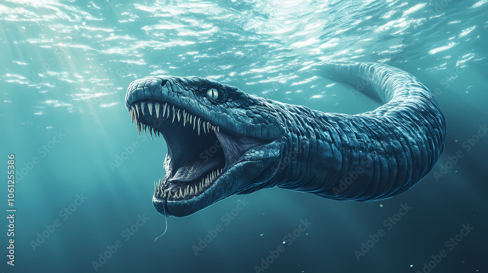 Naklejka premium Sea monster emerging from the depths capture the creatures scale and details for a captivating visual that invokes awe and fear. Gargantuan Sea Serpent. Illustration