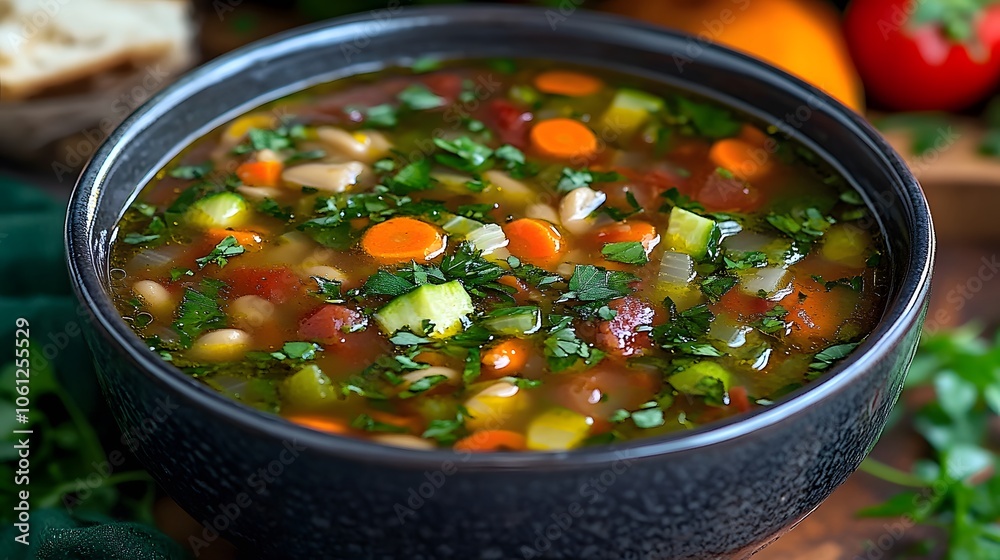 A hearty vegetable soup filled with colorful ingredients and garnished with fresh herbs.