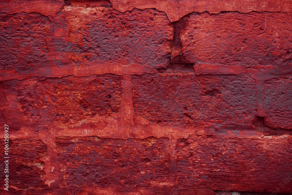 Obraz premium A fragment of a red brick wall with pronounced texture. Natural age defects in the form of cracks and abrasions. Rough surface with traces of dried paint.