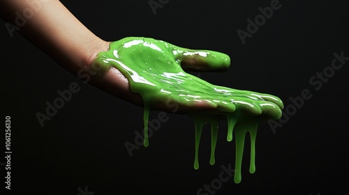 Close-up of green slime hand with dripping goo, spooky Halloween vibe on a black background photo