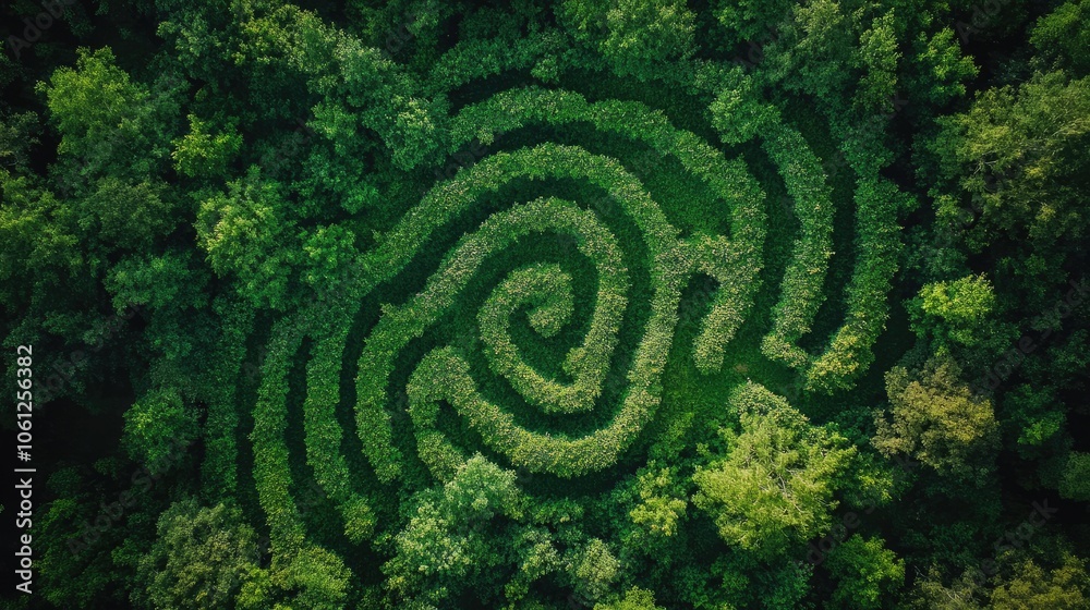 Complex green hedge maze, overhead perspective highlighting winding paths and dense foliage Complex green hedge maze, overhead perspective highlighting winding paths and dense foliage