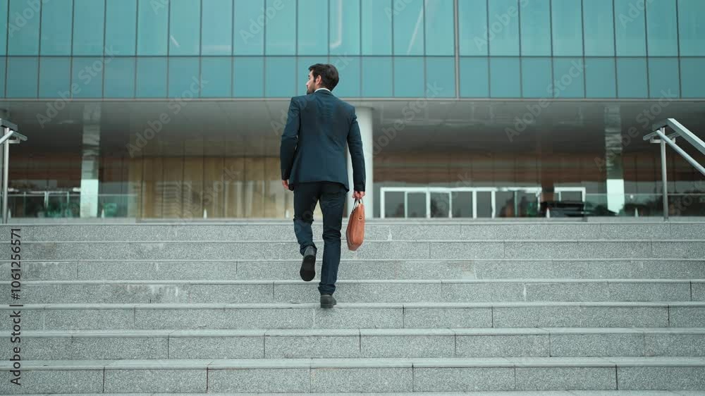 Successful business man leg walking up to stair while going to office. Manager changing workplace, discover a new thing, growth or getting promotion or walking in to light. Back view. Exultant.