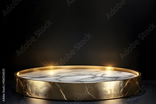 A luxurious circular display platform with a marble top and golden edges, illuminated subtly.
