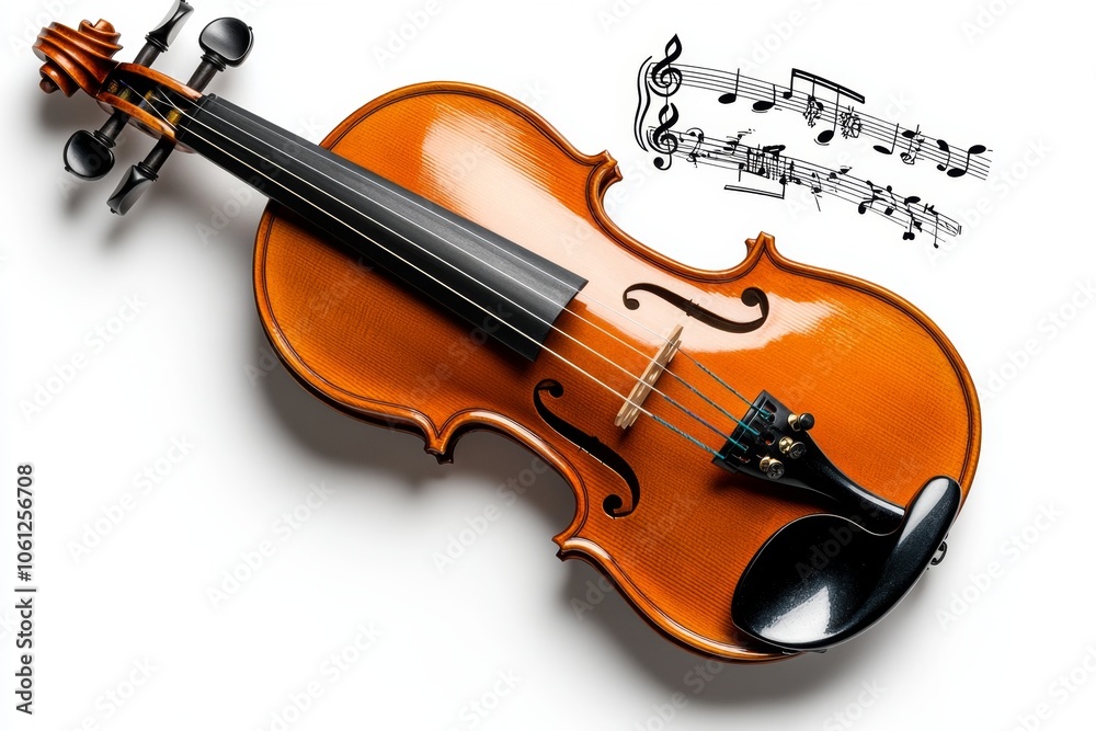 Fototapeta premium a 2D cartoon illustration of a violin with music notes around it elegant and classic white background