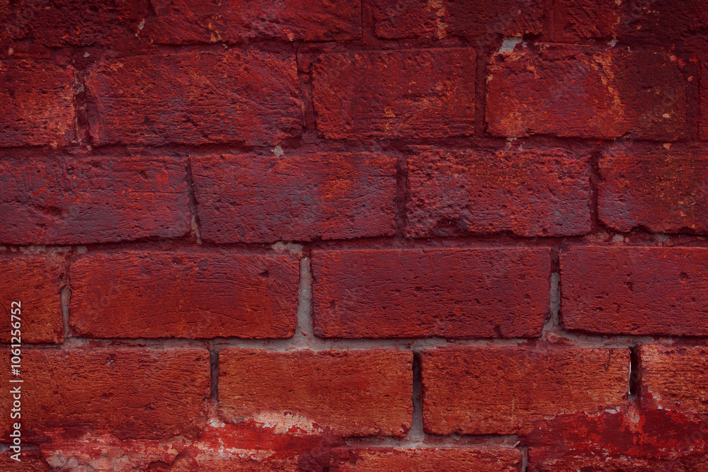 Obraz premium A fragment of a red brick wall with pronounced texture. Natural age defects in the form of cracks and abrasions. Rough surface with traces of dried paint.
