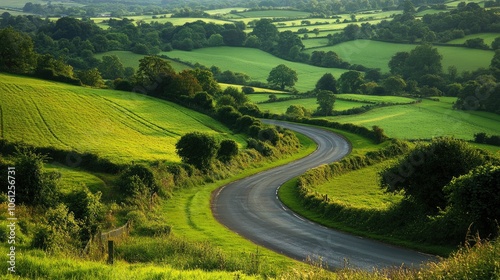 Curving road through lush landscape, fields and trees from above, tranquil countryside scene