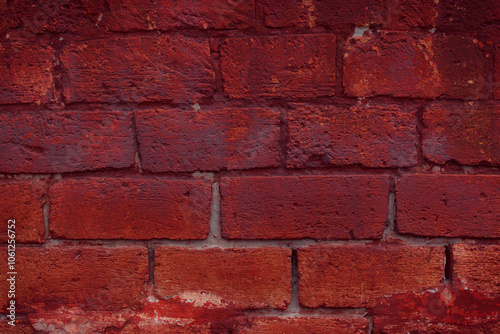 A fragment of a red brick wall with pronounced texture. Natural age defects in the form of cracks and abrasions. Rough surface with traces of dried paint.