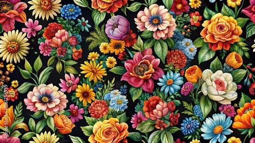 seamless texture of colorful flower painting on black background Extreme Close-Up
