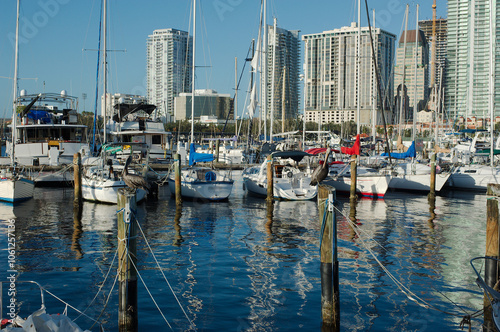 View NW from Benoist Plaza towards downtown St. Petersburg  Florida. Cityscape over boat Marina in back. Blue sky on a sunny day. Near The Pier. Dock post, pelicans, yachts, water reflection landscape photo