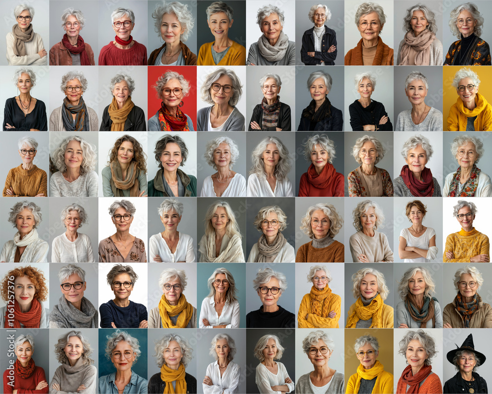 This collection features mature women in sophisticated attire that reflects a chic simplicity, their confident demeanor and vibrant looks standing out against a plain backdrop. This collection features mature women in sophisticated attire that reflects a chic simplicity, their confident demeanor and vibrant looks standing out against a plain backdrop.
