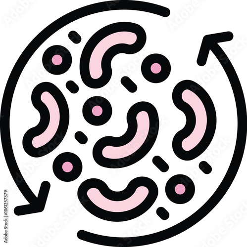 This colorful icon represents the continuous life cycle of bacteria with multiplying microorganisms