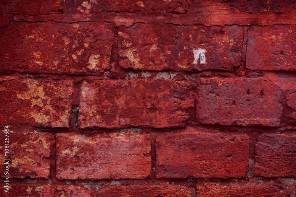 Obraz premium A fragment of a red brick wall with pronounced texture. Natural age defects in the form of cracks and abrasions. Rough surface with traces of dried paint.