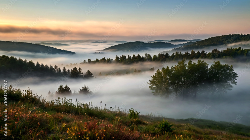 Scenic Misty Forest Landscape at Sunrise with Rolling Hills. Breathtaking view of a misty forest landscape at sunrise, with rolling hills and morning fog creating a serene and peaceful atmosphere. Scenic Misty Forest Landscape at Sunrise with Rolling Hills. Breathtaking view of a misty forest landscape at sunrise, with rolling hills and morning fog creating a serene and peaceful atmosphere.