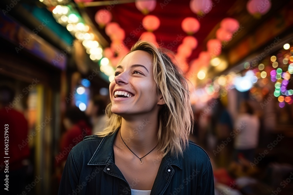 Portrait of a beautiful young woman laughing in the city at night Portrait of a beautiful young woman laughing in the city at night