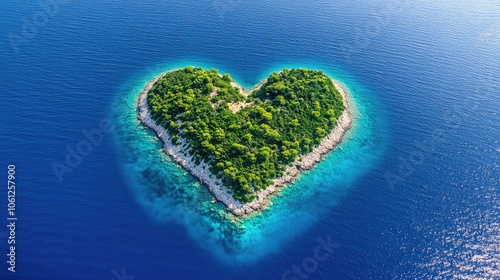 Heart-shaped island seen from above, embraced by calm blue waters, capturing the essence of love and peaceful nature