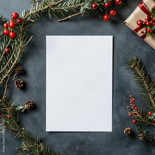 Blank white invitation mockup 5 x 7 inches placed vertically on dark Christmas background photo