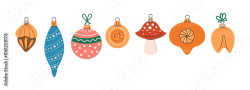 Christmas tree baubles flat color vector objects set. Vintage new year holiday ornaments illustrations bundle on white background