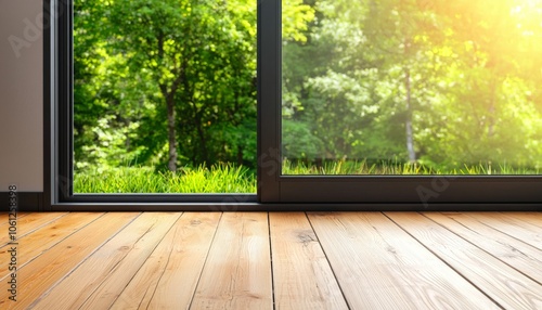 3d renderA serene view of a well-lit wooden floor leading to an open door, revealing lush greenery and sunlight filtering through trees. photo