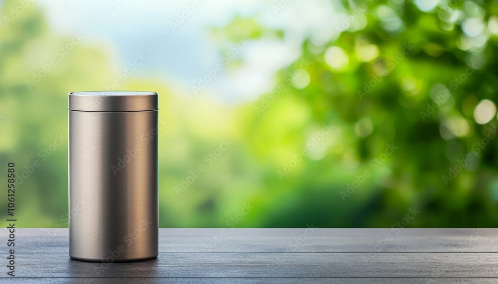 Fototapeta premium 3d render A sleek, metallic container sits on a wooden surface, surrounded by a lush, green backdrop, evoking a sense of tranquility and nature.