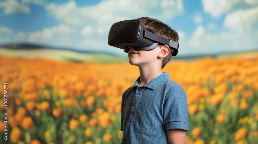 A child wearing a VR headset stands in a field of flowers, immersed in a virtual experience against a vibrant, scenic backdrop. A child wearing a VR headset stands in a field of flowers, immersed in a virtual experience against a vibrant, scenic backdrop.