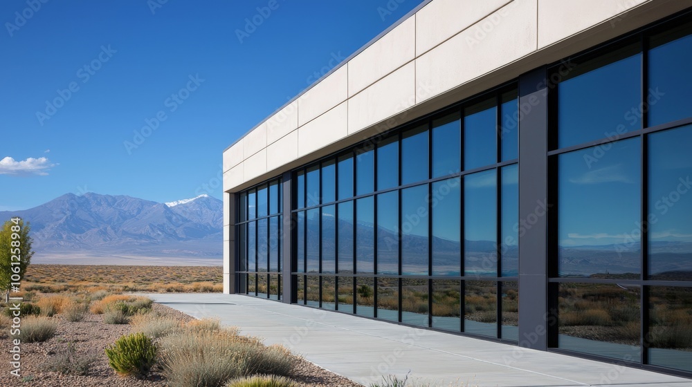 A modern building with large glass windows, surrounded by a vast landscape and mountains under a clear blue sky. A modern building with large glass windows, surrounded by a vast landscape and mountains under a clear blue sky.