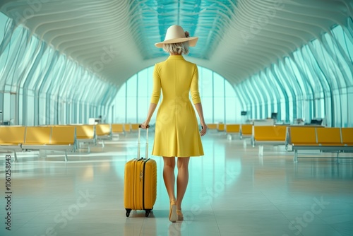 A stylish traveler in a yellow dress rolls a matching suitcase through a modern airport terminal, evoking feelings of adventure and freedom photo