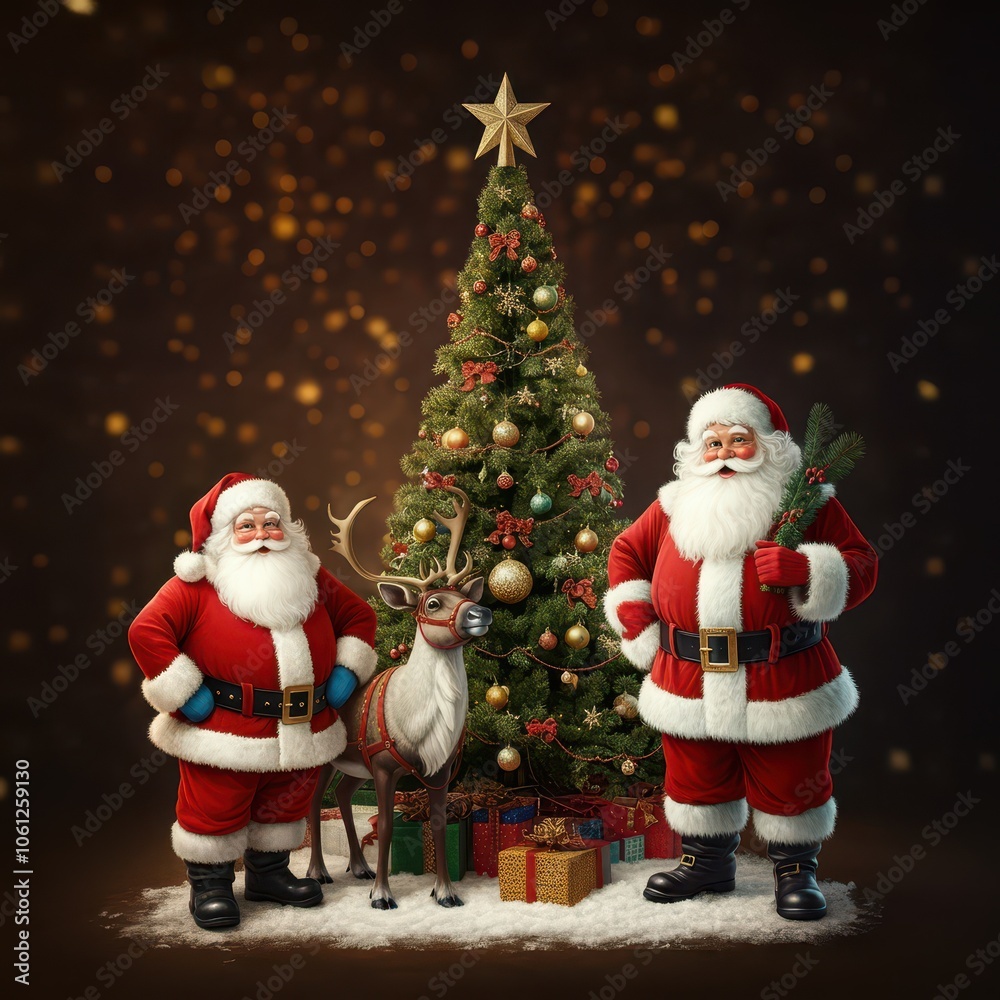 A christmas scene with santa and reindeer with a christmas tree A christmas scene with santa and reindeer with a christmas tree