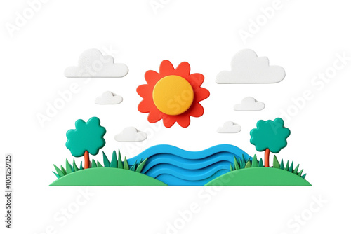 Colorful Landscape with Sun and Clouds in 3D Art
