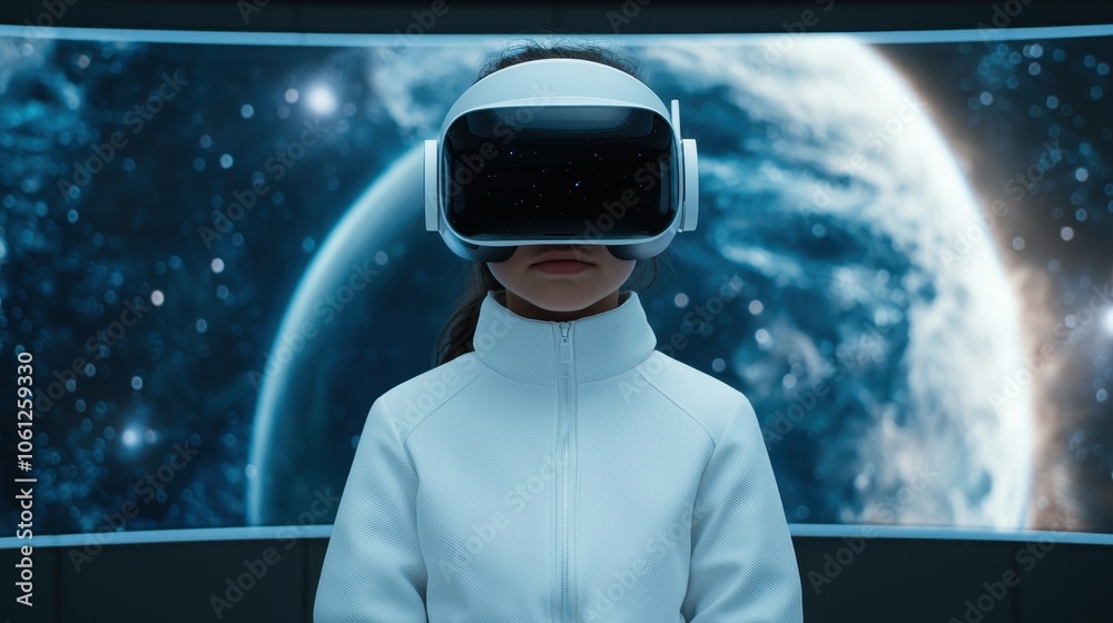 A person wearing a VR headset in a futuristic setting, surrounded by a starry space backdrop, suggesting exploration and advanced technology. A person wearing a VR headset in a futuristic setting, surrounded by a starry space backdrop, suggesting exploration and advanced technology.