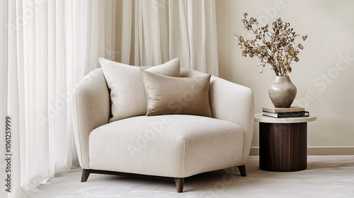 beige modern armchair and side table in minimalist interior