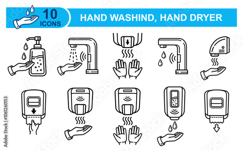 Public restroom hand dryer, wall toilet paper towel dispenser, washing liquid soap sensor water tap line icon. Automatic clean sanitizer, sink faucet, electric blower drier, skin hygiene drying vector