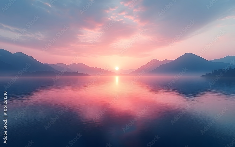 A serene sunset over a tranquil lake, surrounded by mountains and soft pastel colors. A serene sunset over a tranquil lake, surrounded by mountains and soft pastel colors.