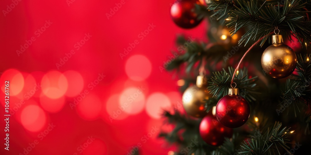 Christmas tree decorated with shimmering ornaments and twinkling bokeh lights against a vibrant red background, vibrant, bokeh lights
