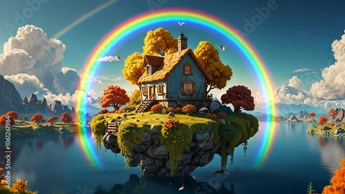 Wallpaper Mural 3d floating island and house on water and rainbow on it Torontodigital.ca