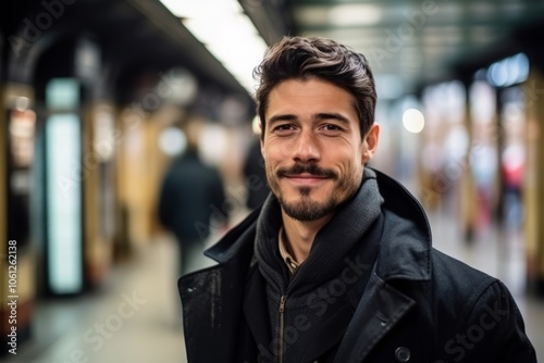 Portrait of a handsome young man at the train station in winter