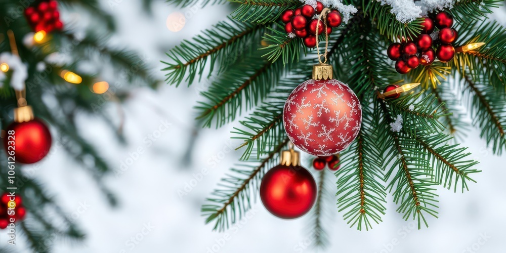 Green Christmas pine tree branch with fluffy needles, adorned with tiny sparkling lights and red ornaments, nature, lights