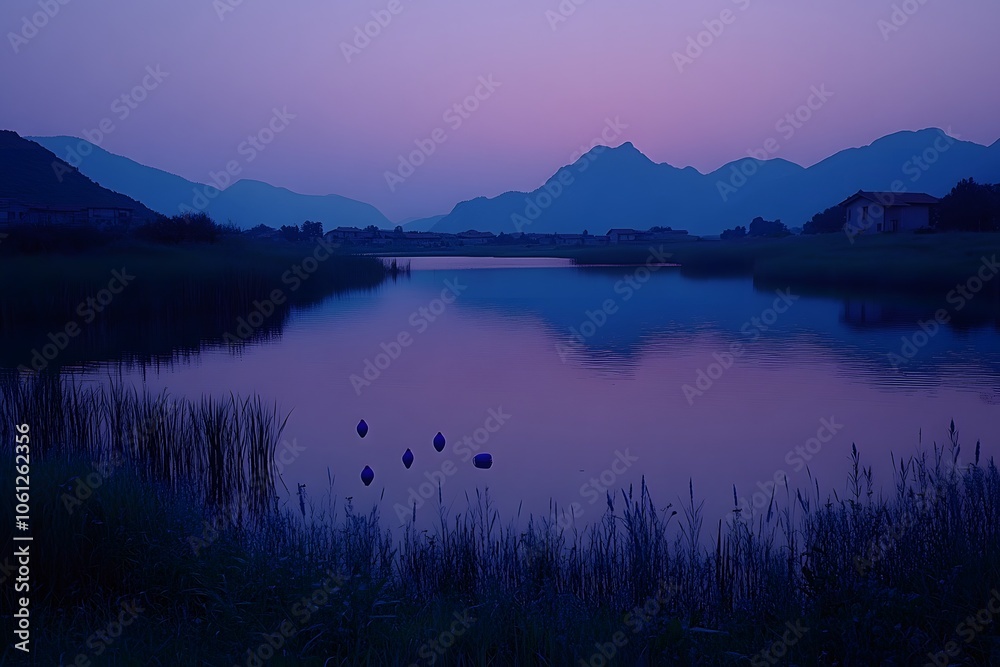 Fototapeta premium A serene twilight landscape with mountains reflecting in a calm lake.