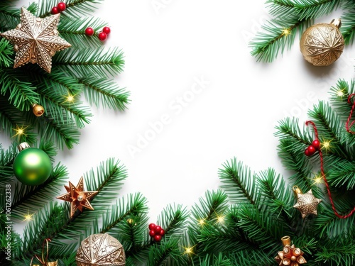 Green Christmas tree adorned with colorful ornaments and a shiny star on top, Christmas tree, isolated