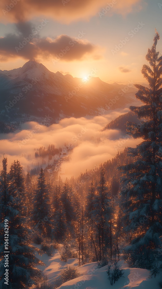 A serene winter landscape at sunrise, with mountains and fog enveloping the valley.