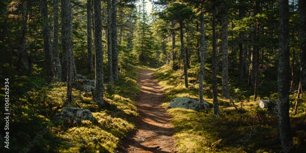 Obraz premium A serene forest path surrounded by trees and greenery, inviting exploration and tranquility.