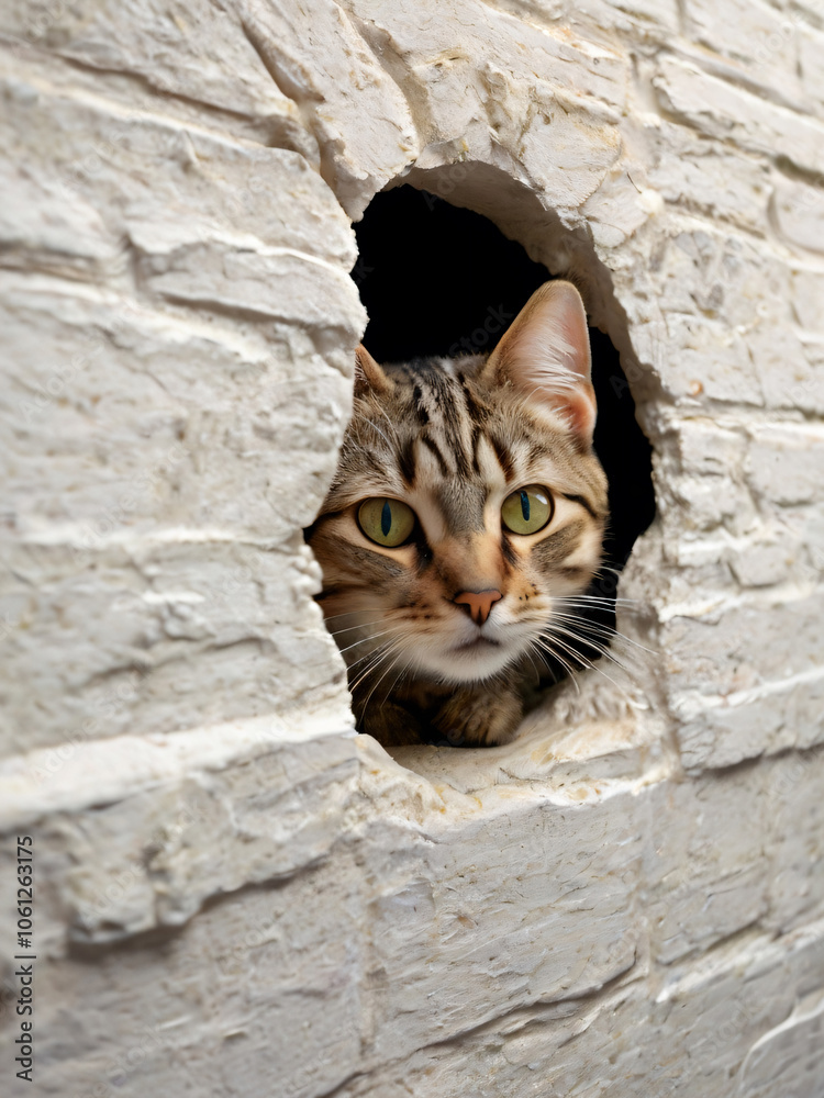 A curious cat peeks through a hole in a large white wall. A curious cat peeks through a hole in a large white wall.