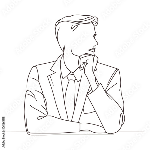 Businessman Looking Away with Arm Resting on Chin in Line Art