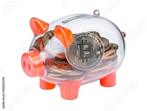 Clear Piggy Bank with Bitcoin and Coins Inside