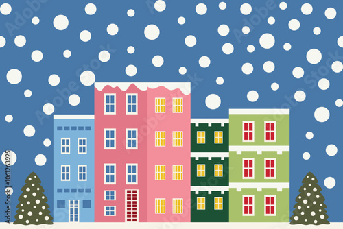 Background illustrations for holiday scenarios. a snowy landscape with Christmas tree and snowfall, a festive city buildings with holiday lights, cozy winter holiday inviting scenes outdoor settings