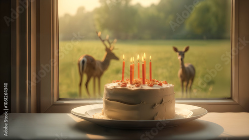 A Beautifully Decorated Birthday Cake Placed on a White Plate, Set Beside a Window, While a Herd of Deer Grazes Peacefully Outside