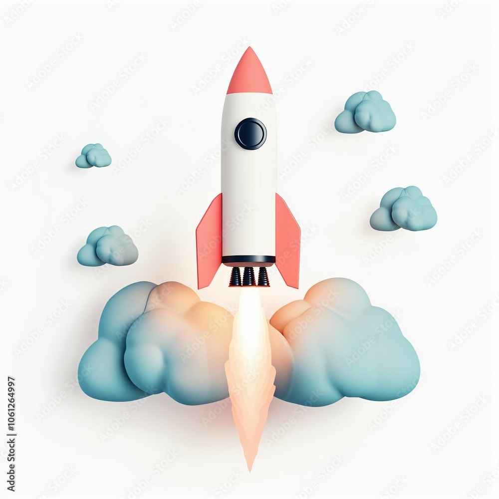 A colorful rocket launches through clouds, symbolizing innovation, exploration, and adventure in a whimsical design. A colorful rocket launches through clouds, symbolizing innovation, exploration, and adventure in a whimsical design.