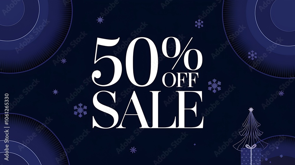 Fototapeta premium Festive Blue Background with 50% Off Sale Text and Christmas Tree